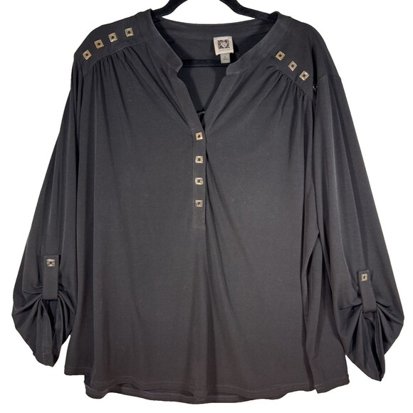 Anne Klein Top Blouse 2X‎ Black Gold Square Logo Buttons Long Sleeve Roll Tab - Picture 1 of 12